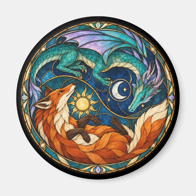 Aimant Dragon Renard Vitrail Céleste (Devant)