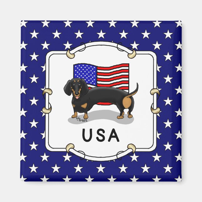 Aimant Drapeau américain Dachshund Dachsie (noir et bronz (Devant)