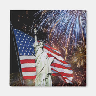 Aimant Drapeau américain, feux d'artifice et statue de l