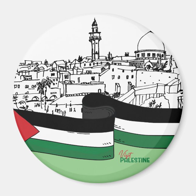 Aimant Drapeau de Palestine et vieilles maisons dessinées (Devant)