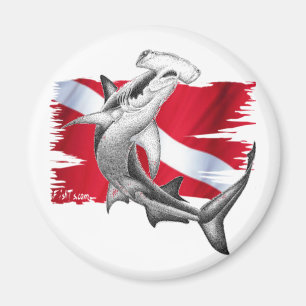 Aimant Drapeau de plongée avec requin marteau plongeur ve
