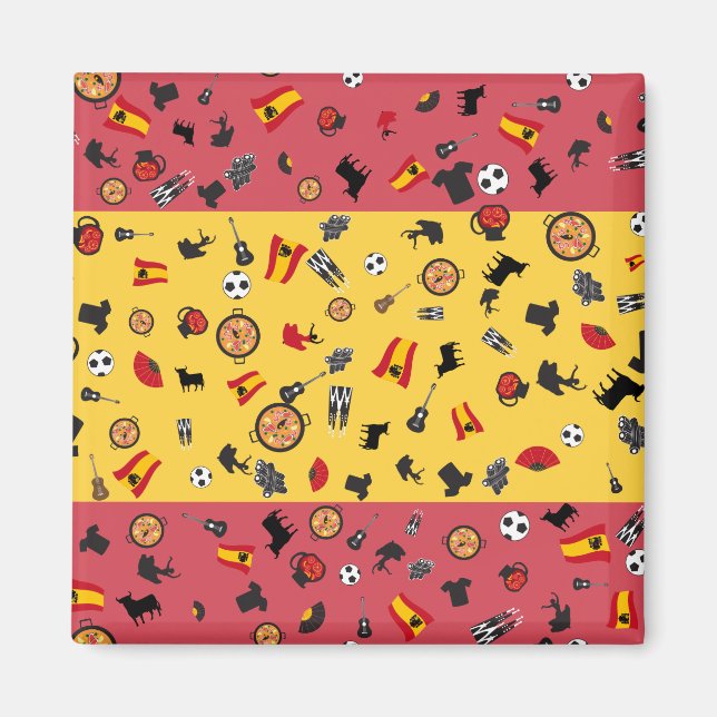 Aimant Drapeau espagnol avec des objets célèbres d'Espagn (Devant)