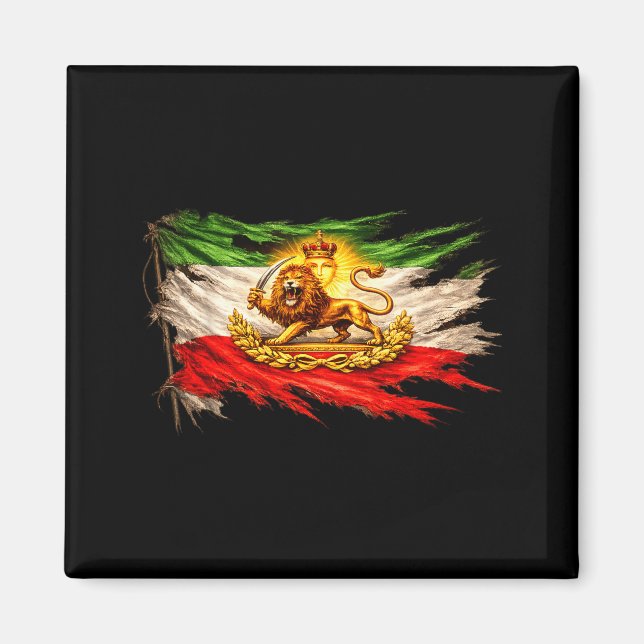 Aimant Drapeau iranien avec emblème de lion et de soleil, (Devant)
