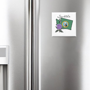 Aimant Drapeau Washington et Fleur Rhododendron Pacifique