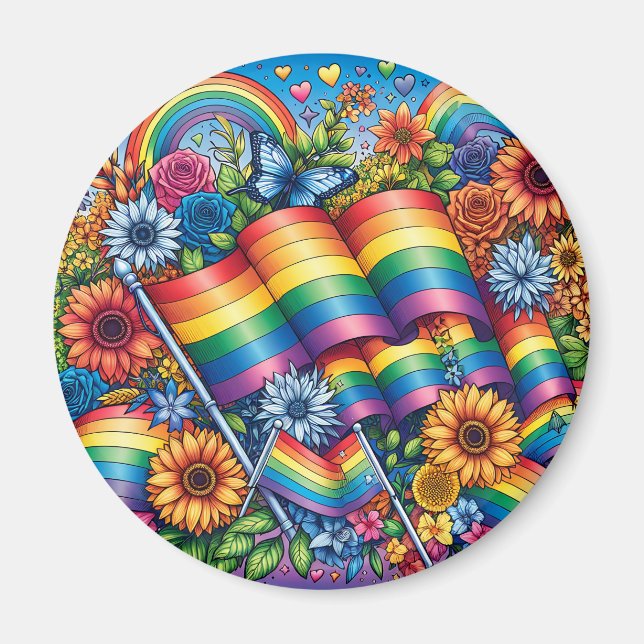Aimant Drapeaux de fierté LGBTQIA+, Arcs-en-ciel, Fleurs (Devant)