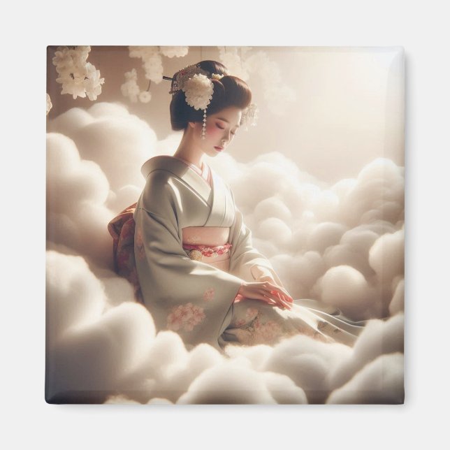 Aimant Dreamy Japanese Kimono Woman Floating in Clouds –  (Devant)