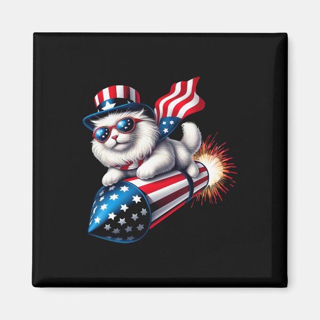 Aimant Drôle 4 juillet Patriotic Cat Rocket avec Firewo (Devant)