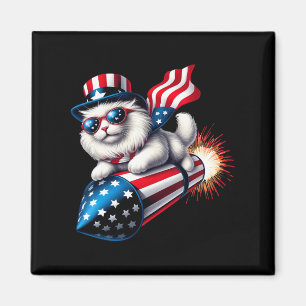 Aimant Drôle 4 juillet Patriotic Cat Rocket avec Firewo