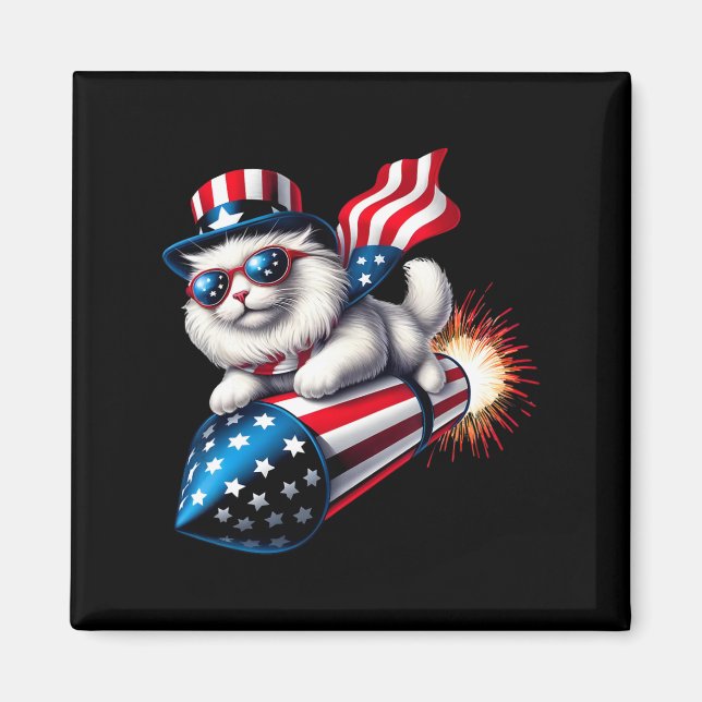 Aimant Drôle 4 juillet Patriotic Cat Rocket avec Firewo (Devant)