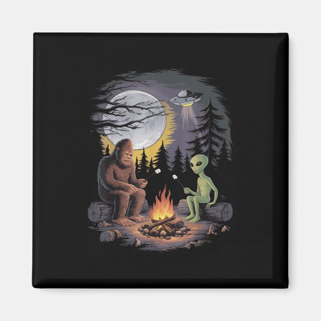 Aimant Drôle Alien Et Bigfoot Randonnée Lune Sasquatch Uf (Devant)