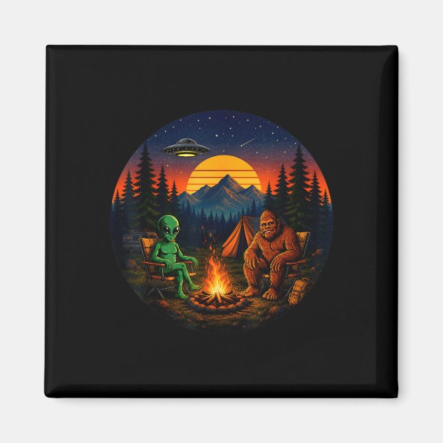 Aimant Drôle bigfoot alien camping rétro ovni feu de camp (Devant)