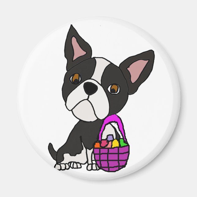Aimant Drôle chien de Boston Terrier avec panier de Pâque (Devant)