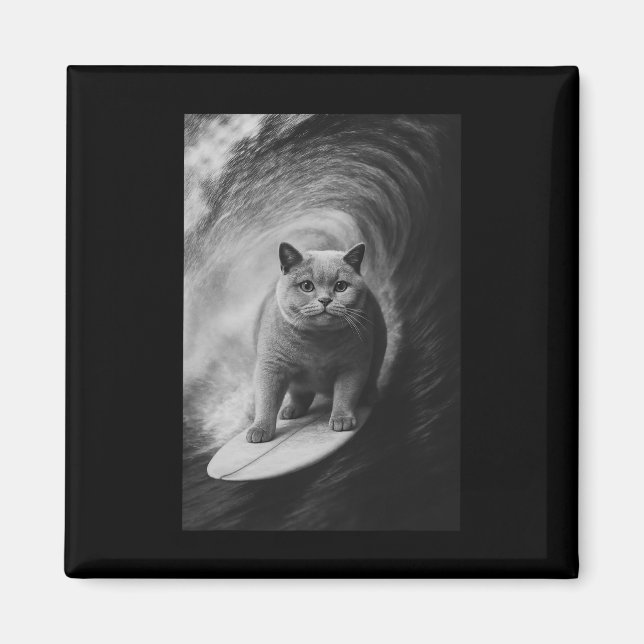 Aimant Drôle de chat British Shorthair en train de surfer (Devant)