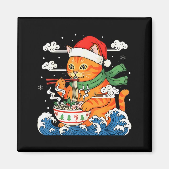 Aimant Drôle de chat Ramen de Noël mangeant des nouilles  (Devant)