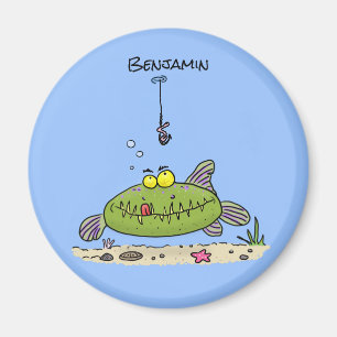 Aimant Drôle gras affamé poisson vert dessin de pêche