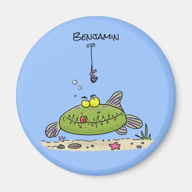 Aimant Drôle gras affamé poisson vert dessin de pêche (Devant)
