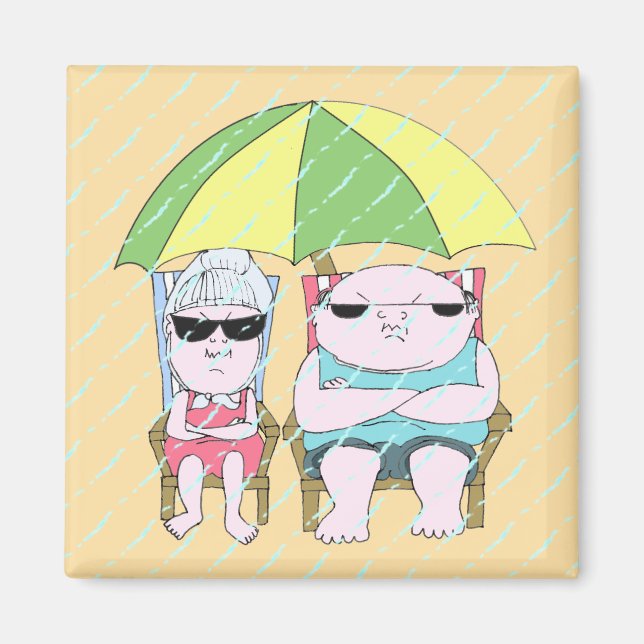 Aimant Drôle Grumpy Couple à la plage en Art de la pluie (Devant)