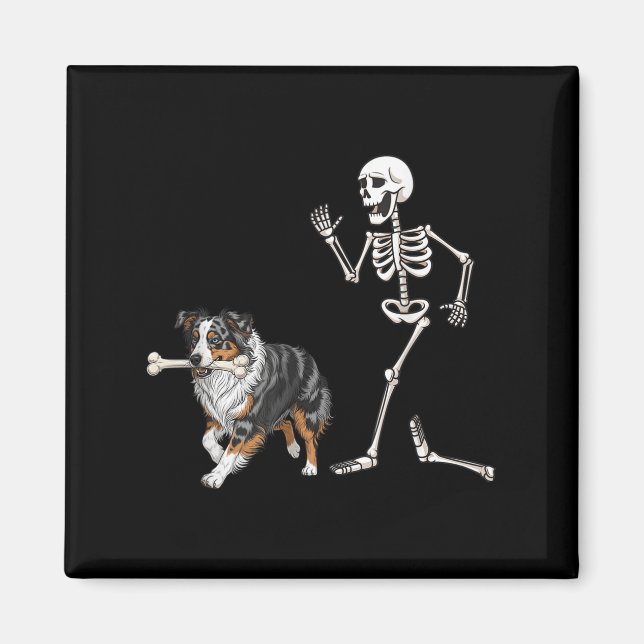 Aimant Drôle Halloween Berger Australien Et Squelette (Devant)