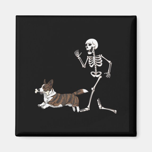 Aimant Drôle Halloween Cardigan Welsh Corgi Et Skeleton (Devant)