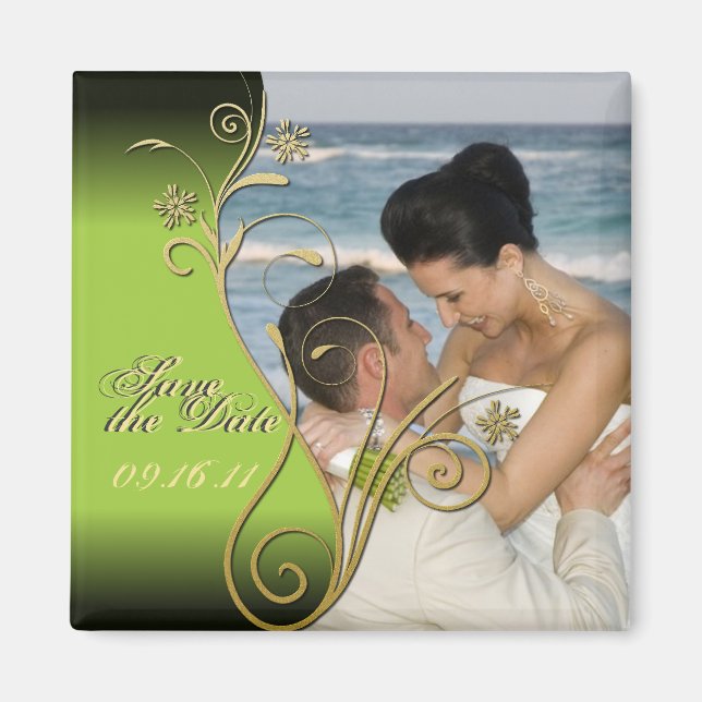 Aimant Économisez la date Classy Green & Gold Floral Magn (Devant)