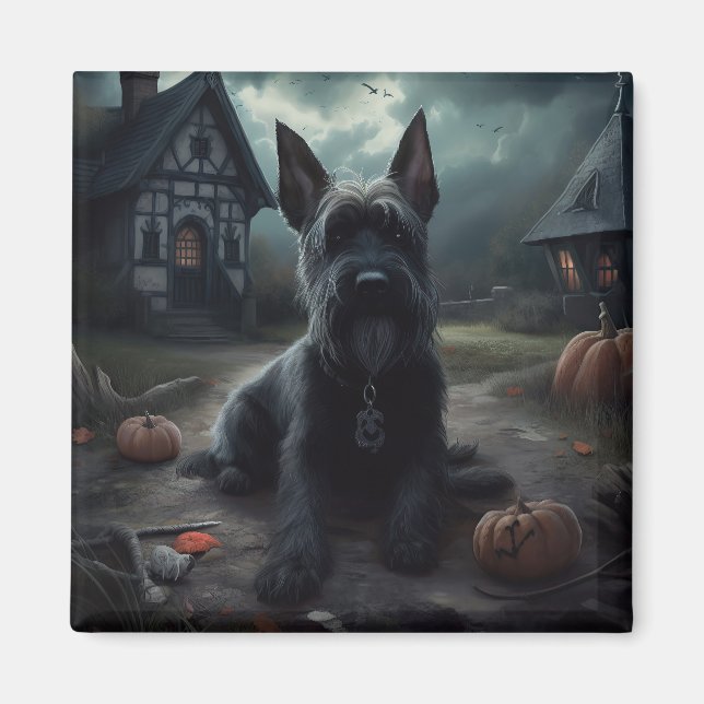 Aimant Ecosse Terrier Citrouille Halloween effrayant (Devant)