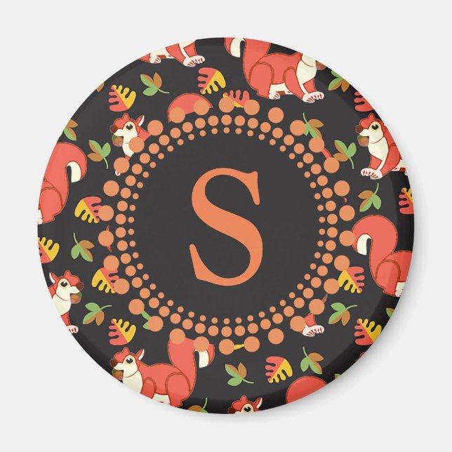 Aimant Écureuil et feuille d'automne Motif Monogramme (Devant)