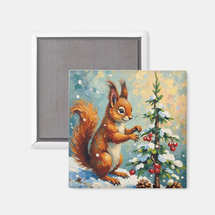 Aimant Écureuil rouge vintage arbre de Noël pin