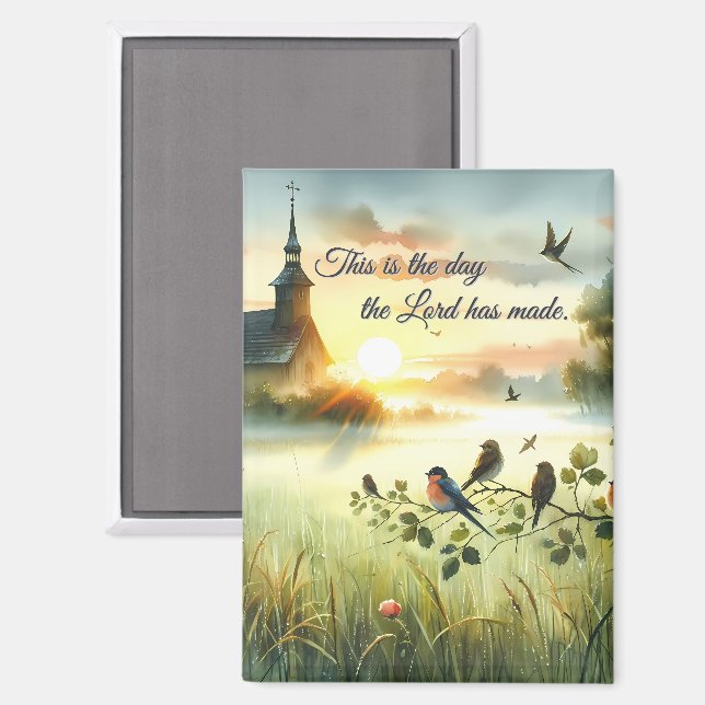 Aimant Église au lever du soleil avec des oiseaux dans un (Recto/Verso)