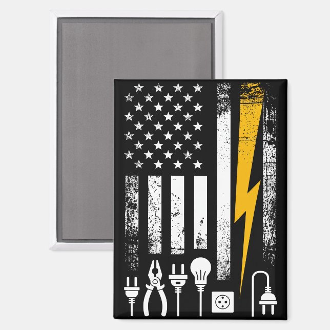 Aimant Électricien de ligne drapeau américain Foudre (Recto/Verso)