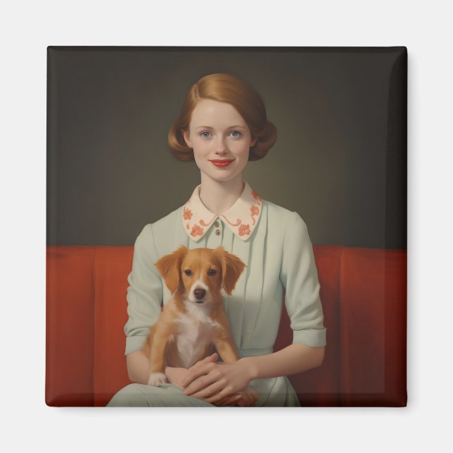 Aimant Élégance vintage : Femme avec chiot dans Pastel (Devant)