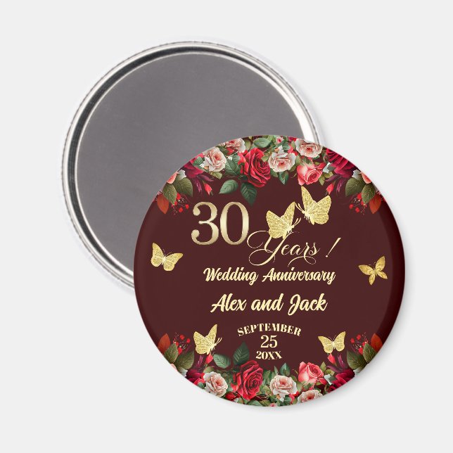Aimant Élégant Anniversaire de Mariage de 30 ans Fleurs O (Recto/Verso)