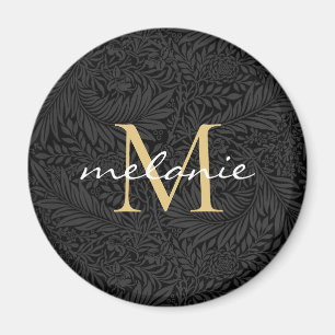 Aimant Elegant Black Gold Floral Script Monogram