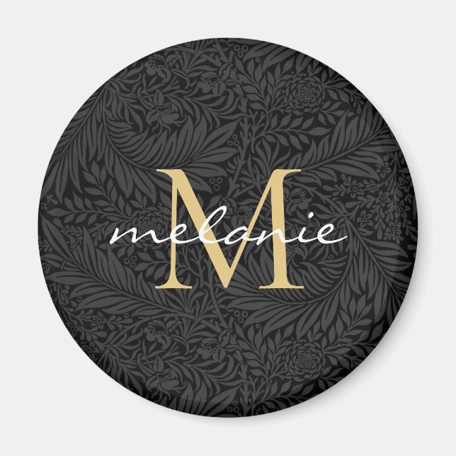 Aimant Elegant Black Gold Floral Script Monogram (Devant)