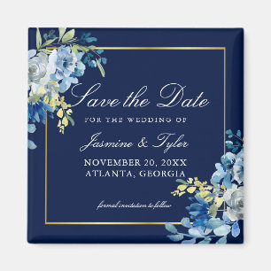 Aimant Élégant Bleu Marine et Or Fleurs Save the Date