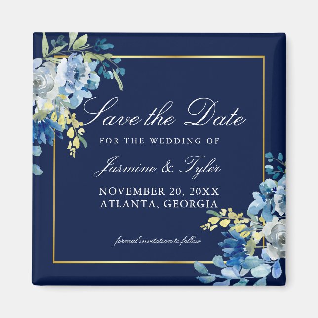 Aimant Élégant Bleu Marine et Or Fleurs Save the Date (Devant)