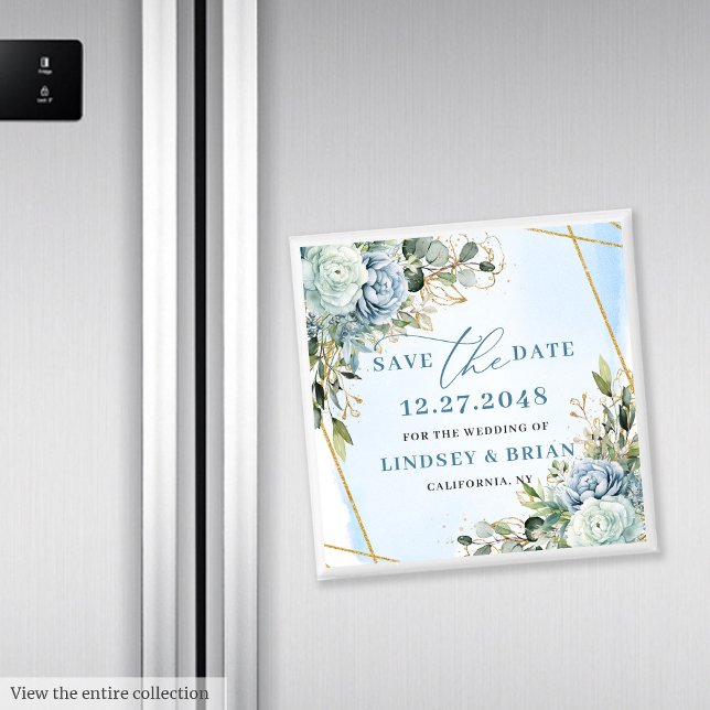 Aimant Élégant Bohème Bleu Poussiéreux Floral Or Save The (Elegant Dusty Blue Floral Gold Save The Date Magnet

)