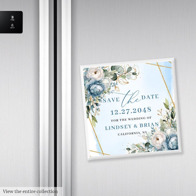 Aimant Élégant Bohème Pivoine Bleu Poussiéreux Fleurs Sav (Elegant Dusty Blue Peony Floral Save the Date Magnet)