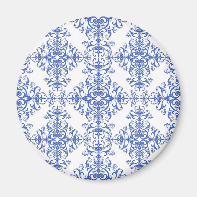 Aimant Elégant Cobalt bleu et blanc Floral Style Damask (Devant)
