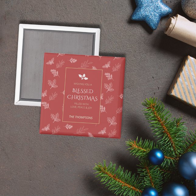 Aimant Élégant Feuilles d'hiver or Noël rouge (Créateur téléchargé)