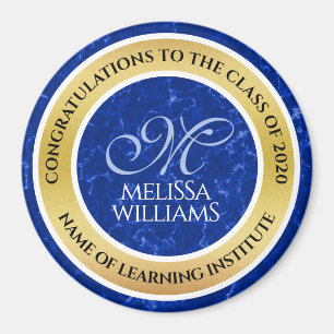 Aimant Élégant Graduation Monogramme Bleu Marbre Or Huile