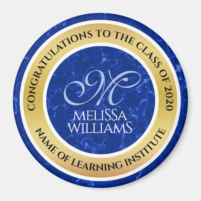 Aimant Élégant Graduation Monogramme Bleu Marbre Or Huile (Devant)