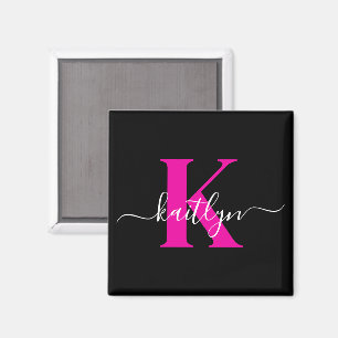Aimant Élégant Noir Hot Rose Script Monogramme