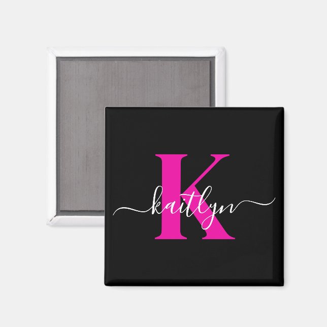 Aimant Élégant Noir Hot Rose Script Monogramme (Recto/Verso)