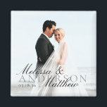 Aimant Elegant Photo Script Date Names Wedding Favor<br><div class="desc">Simple elegant photo magnet wedding favor or thank you gift. Customize the black script font typography overlay with your names and date.</div>