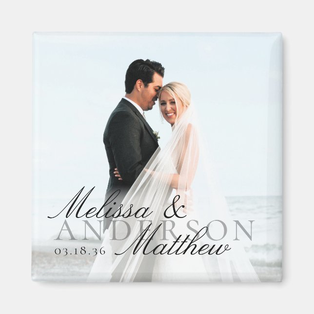 Aimant Elegant Photo Script Date Names Wedding Favor (Devant)