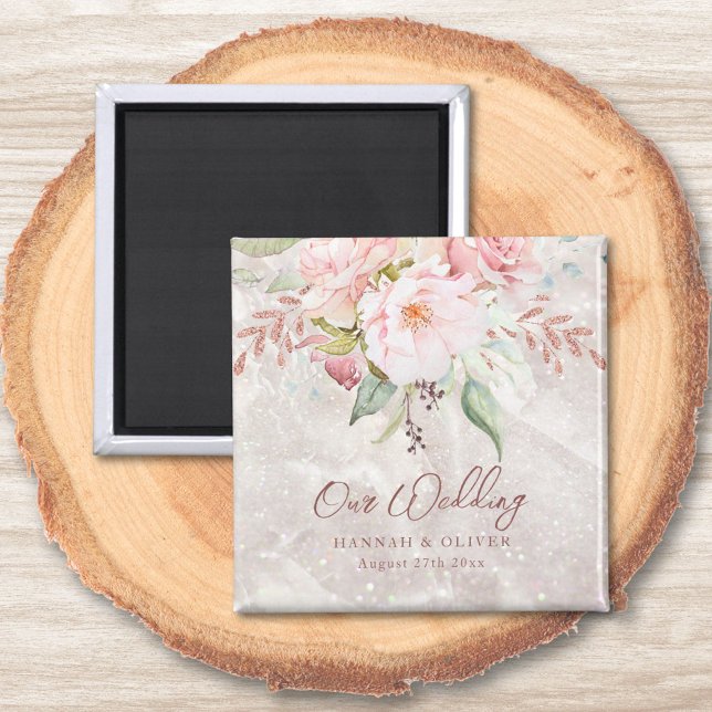 Aimant Elégant rose rose Peony Floral Marbre Mariage (In situ)