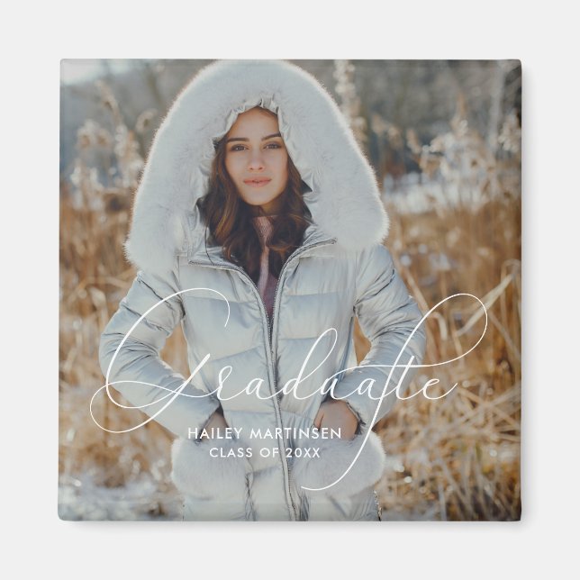Aimant Élégant Script Graduate Photo et nom (Devant)