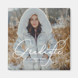 Aimant Élégant Script Graduate Photo et nom