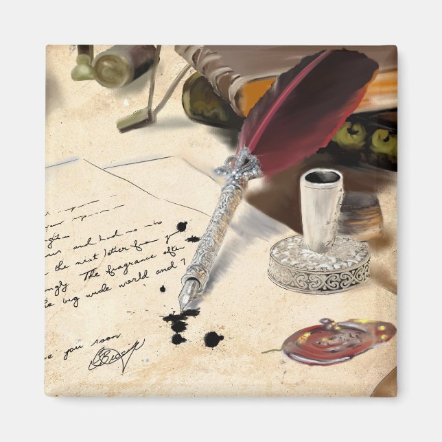 Aimant Elégant stylo plume rouge vintage et encre (Devant)