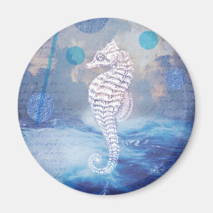 Aimant Elegant Vintage Seahorse Blue Ocean Waves